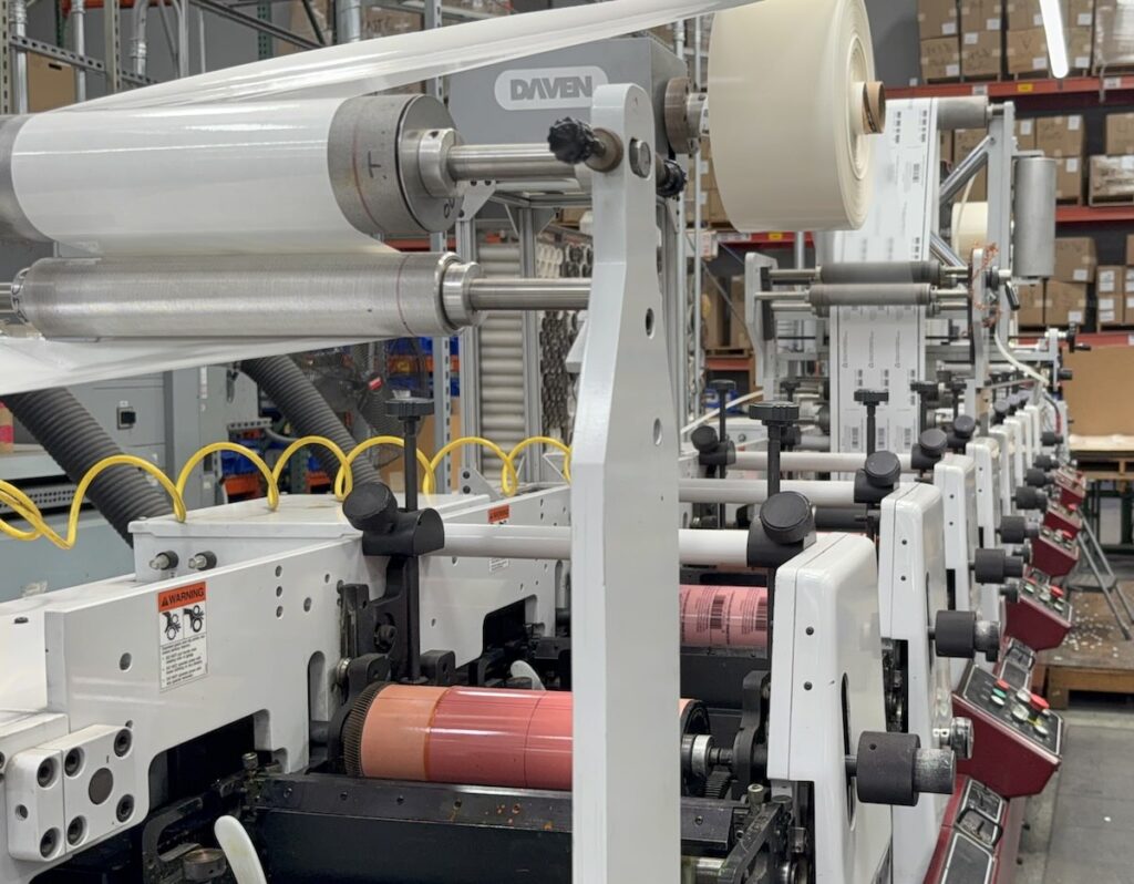 Flexo press production of linerless labels supplied by DSI Labels