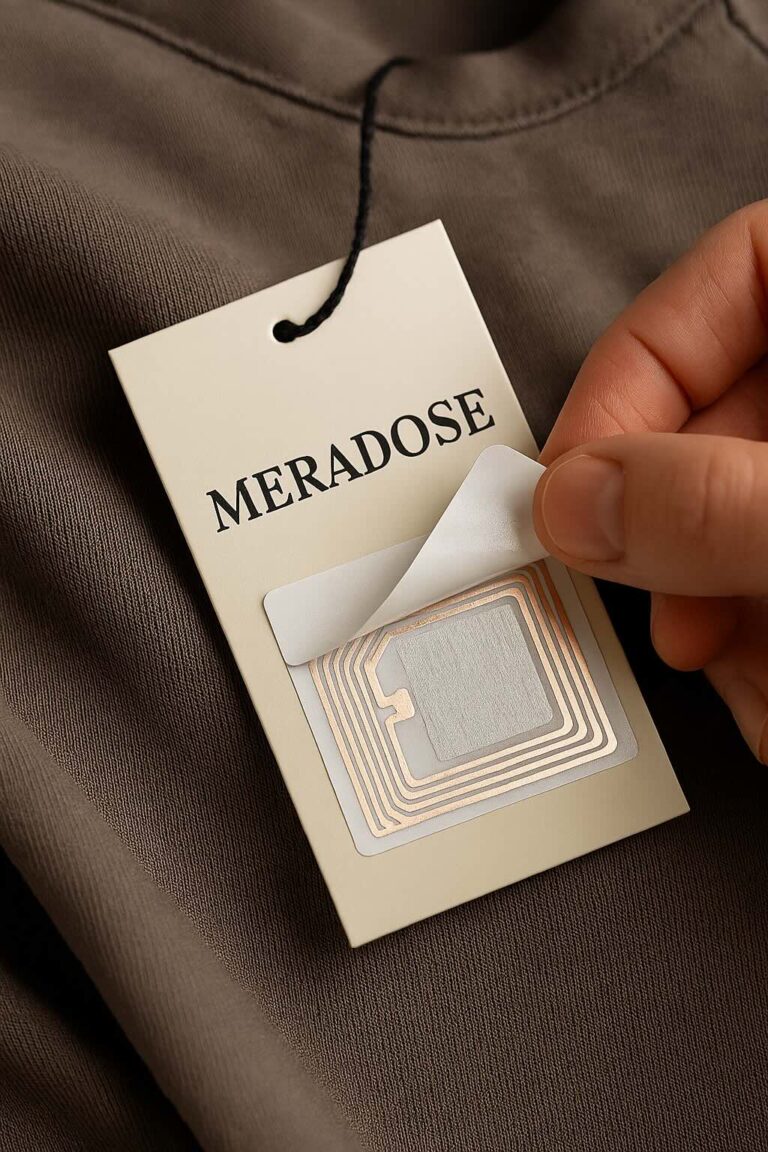 Close-up of a hand applying an RFID label onto a clothing tag, with part of the metallic inlay visible beneath the adhesive layer.