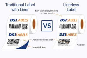 Infographic comparing traditional labels with liner and linerless labels, showing DSI Labels logo, barcode, and QR code on each roll.