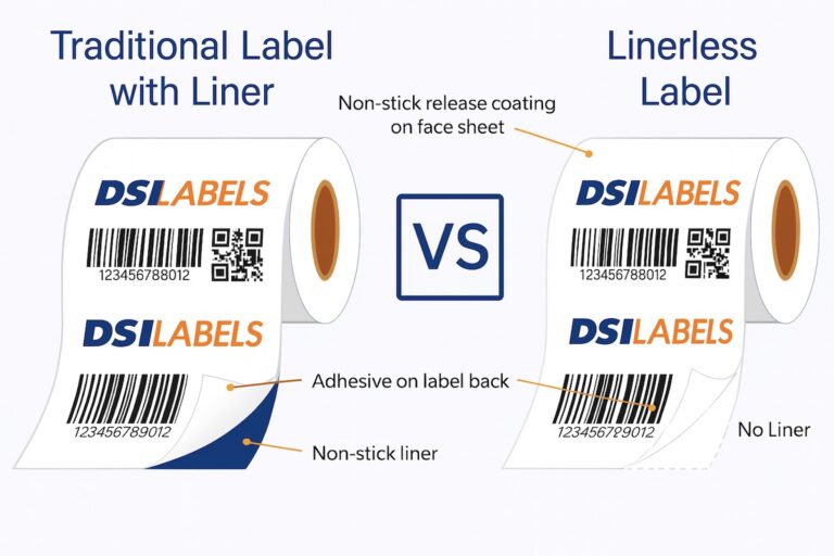 Infographic comparing traditional labels with liner and linerless labels, showing DSI Labels logo, barcode, and QR code on each roll.