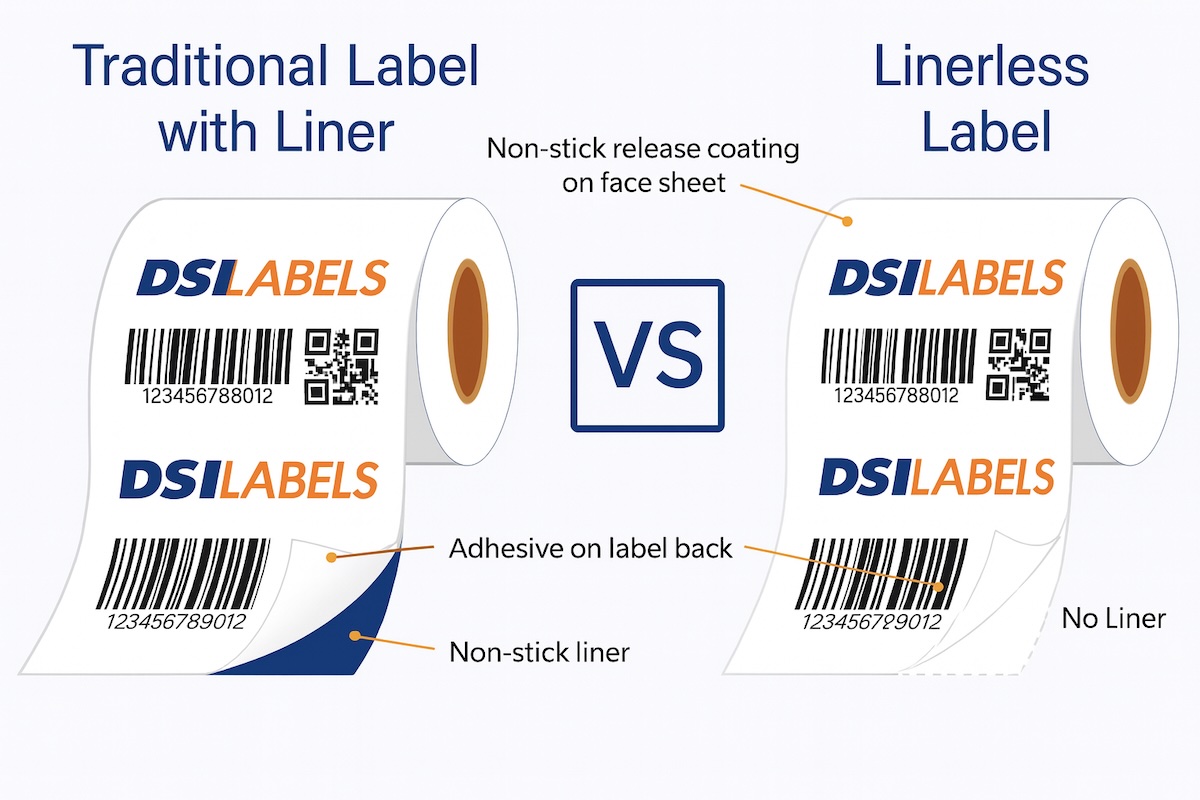Infographic comparing traditional labels with liner and linerless labels, showing DSI Labels logo, barcode, and QR code on each roll.